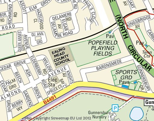 1962-1976 Ealing Mead County School's location in Almond Avenue, South Ealing close to Gunnersbury Park