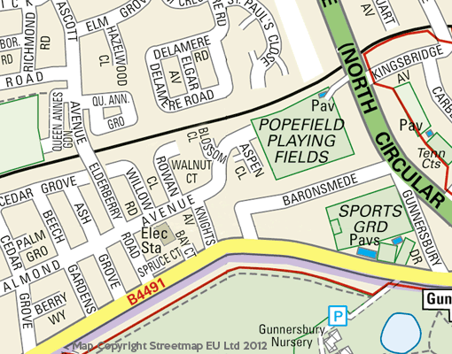 Area after new housing development. Note that Popefield Playing Fields has somewhat decreased in size and has subsequently degenerated into rough scrubland unsuitable for sports. It is also frequently used as a dumping ground for unwanted household refuse.